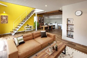 堺市中区K様邸ホワイトアイアン階段の吹き抜けリビング｜注文住宅施工事例